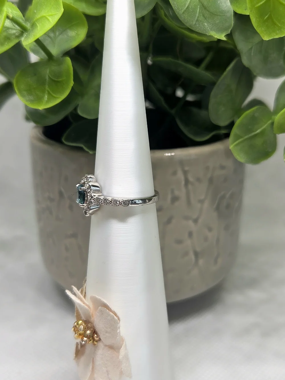 BP Teal Halo Floral Ring On Rhodium Plating